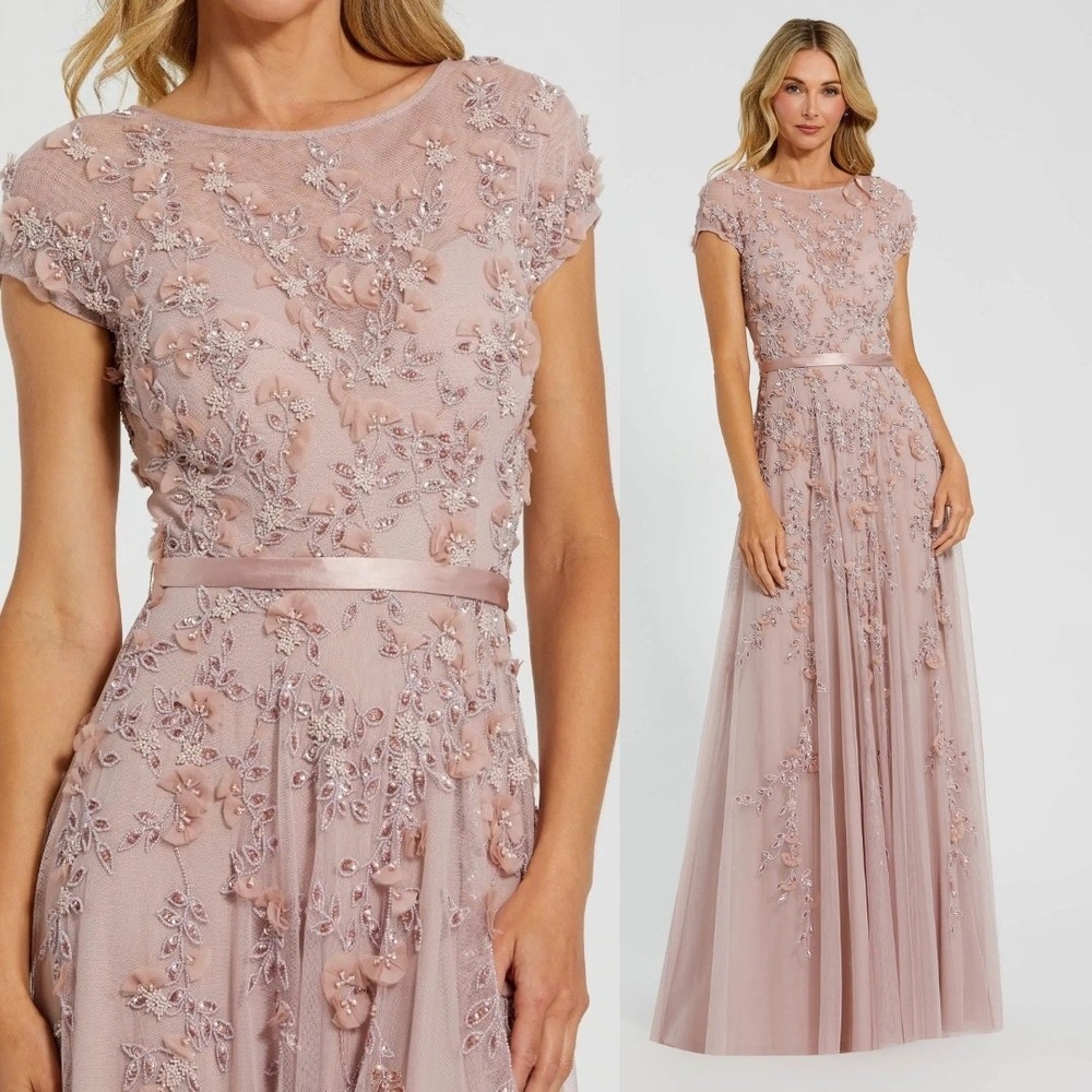 NWT Mac Duggal Pink‎ Floral Embellished Cap Sleeve Gown $698 - Size 4